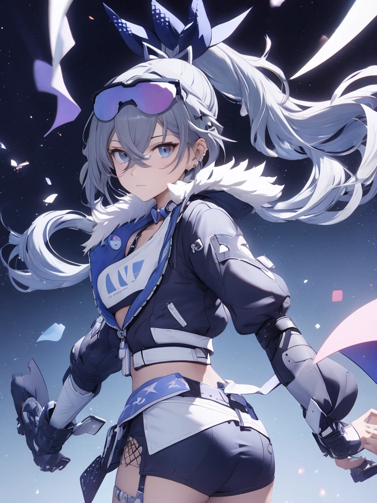 sliver wolf /(honkai:star rail/), grey hair(drill ponytail), fur trim jacket, sunglasses (piercing gaze)(cold expression), beautiful face, beautiful eyes, ultra hd, high resolution, best quality, 8k, top quality, Anime character, game character, girls, video game, silver wolf, honkaistarrail