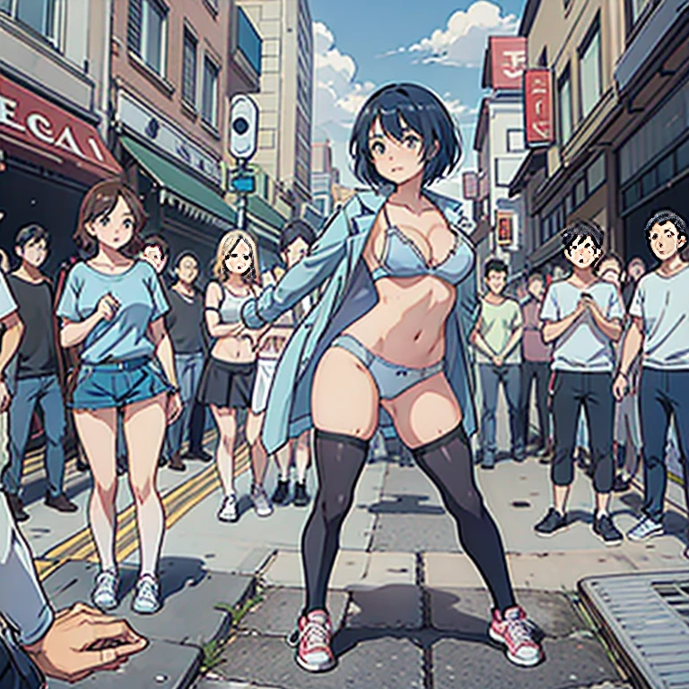 Sexy woman, posing in bra and panties, light blue bra and panties, in public, crowd watching, short hair, standing, full body, knee high socks, shoes