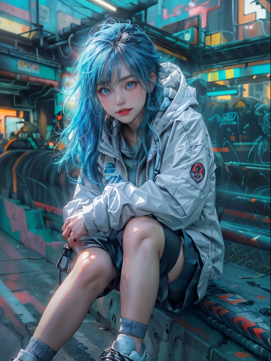 (RAW photo, best quality, high quality, highres), (realistic, photo-realistic), ultra-detailed, (front lighting), physically-based rendering, real life, 1girl, 20 years old, (((looking at viewer))), (highly detailed skin:1.3), (cute smile with dimple, cleft chin), head tilt, (blue hair), (blue eyes), very very long longest hoodie, (tactical cyberpunk jacket, blue and white jacket:1.2, black short cargo pants), white sport shoe, black thighhighs, detailed eyes, air bangs, sunset, futuristic cyberpunk city, (neon lights), standing pose, NSFW