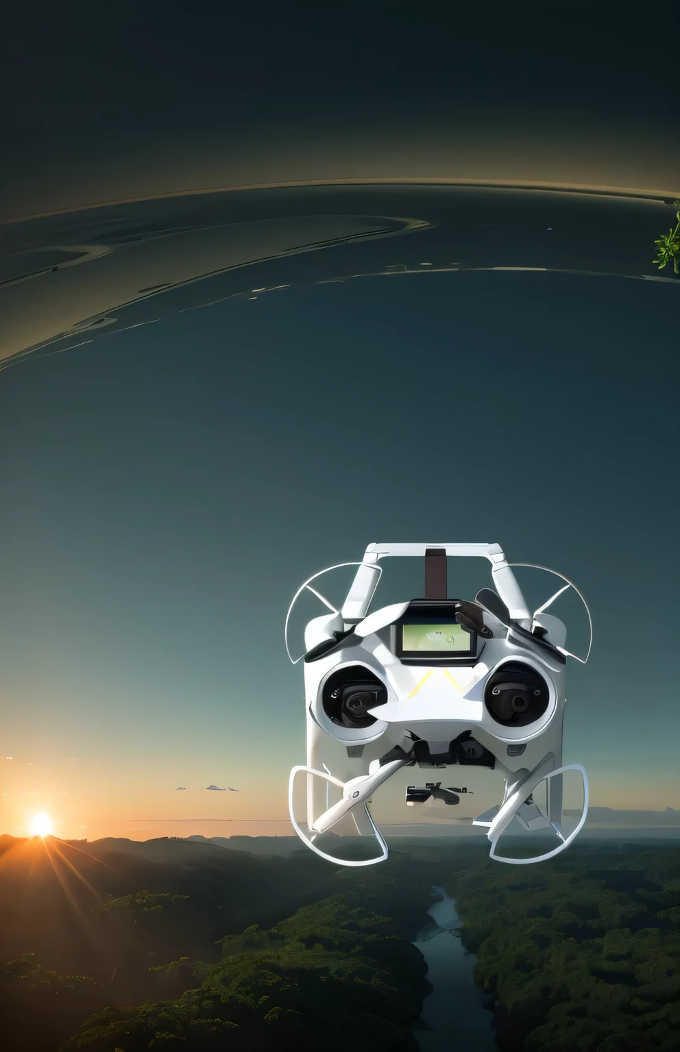 (This is a DJI drone),Oasis forest in the background,Full of technology,tmasterpiece,Best quality,There are fireflies in the forest, fly over the jungle,(high detal:1.5),You can also see the vast sky,4K high resolution,high high quality,SLR k phase ultra clear,The overall background is forest green plants,Create a vast forest full of mysterious technology