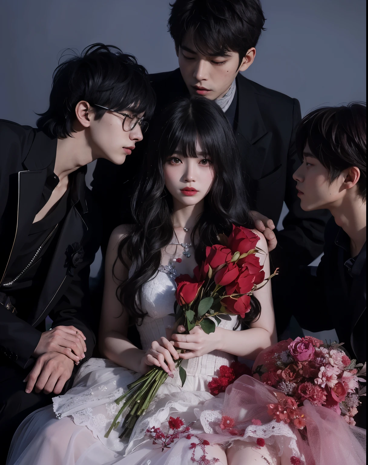 there are three people sitting next to each other with flowers, ulzzang, album art, xianxia fantasy, bloom. fantasy, gothic romance, jinyoung shin, sha xi, official artwork, official fanart, romantic lead, gothic harts, gothic aesthetic, cai xukun, yanjun chengt, black rose, jia, daoshi