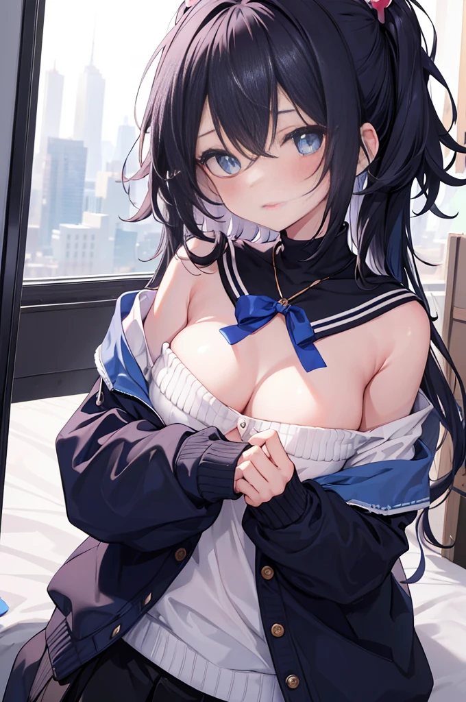 best quality, ultra precision, 1girl, cute, girl, young, boyish, childiig breasts, black hair, messy hair, blue A little long hair eyes, beautiful eyes, girl, ecstasy, sailor collar, estrus, metestrus, start to undress, naughty mood, she loves you, lost virgin, virgin, blush, sexy, beautiful skin, big bow on chest, BLUE SWEATER, WHITE SHIRT, SHIRT UNDER SWEATER, OFF SHOULDER TOP) TSUNDERE 18 YEARS old, Short black skirt, up Hands
