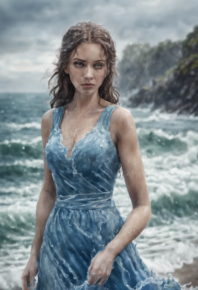 White woman in a blue dress, the dress depicts sea waves, water splashes and drops on her hands, airbrush by Christian W. Staudinger, deviantart, art photography, behance hd, deviantart, , oil watercolor, airbrush