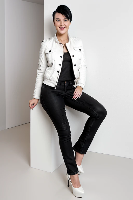 emyliaargan, woman, short black hair, white jacket, smile, jeans, high heels, full body, sitting,, intricate details, hyperdetailed, cinematic, realistic, masterpiece, peeing self