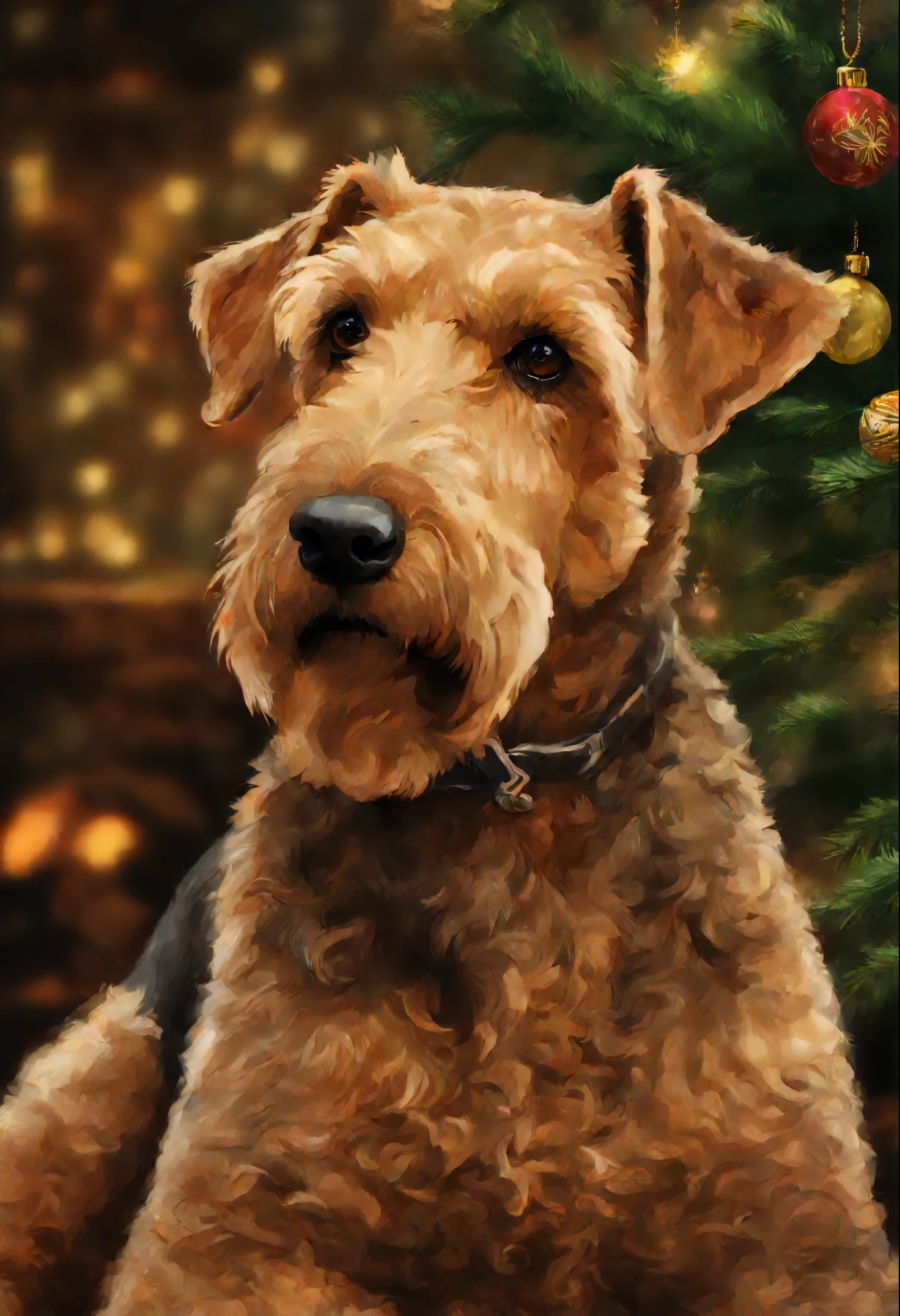 image of an Airedale terrier dog, sitting near the Christmas tree smelling a dragon, digital painting highly detailed, very detailed close-up portrait, Portrait of a large Airedale terrier dog, Highly detailed portrait, Painted portrait of the stern Zeus, Detailed portrait, Highly detailed photo portrait, painted portrait of rugged odin, highly-detailed illustration, Matte illustration, Portrait of the stern Zeus, high quality portrait, drawn using Photoshop