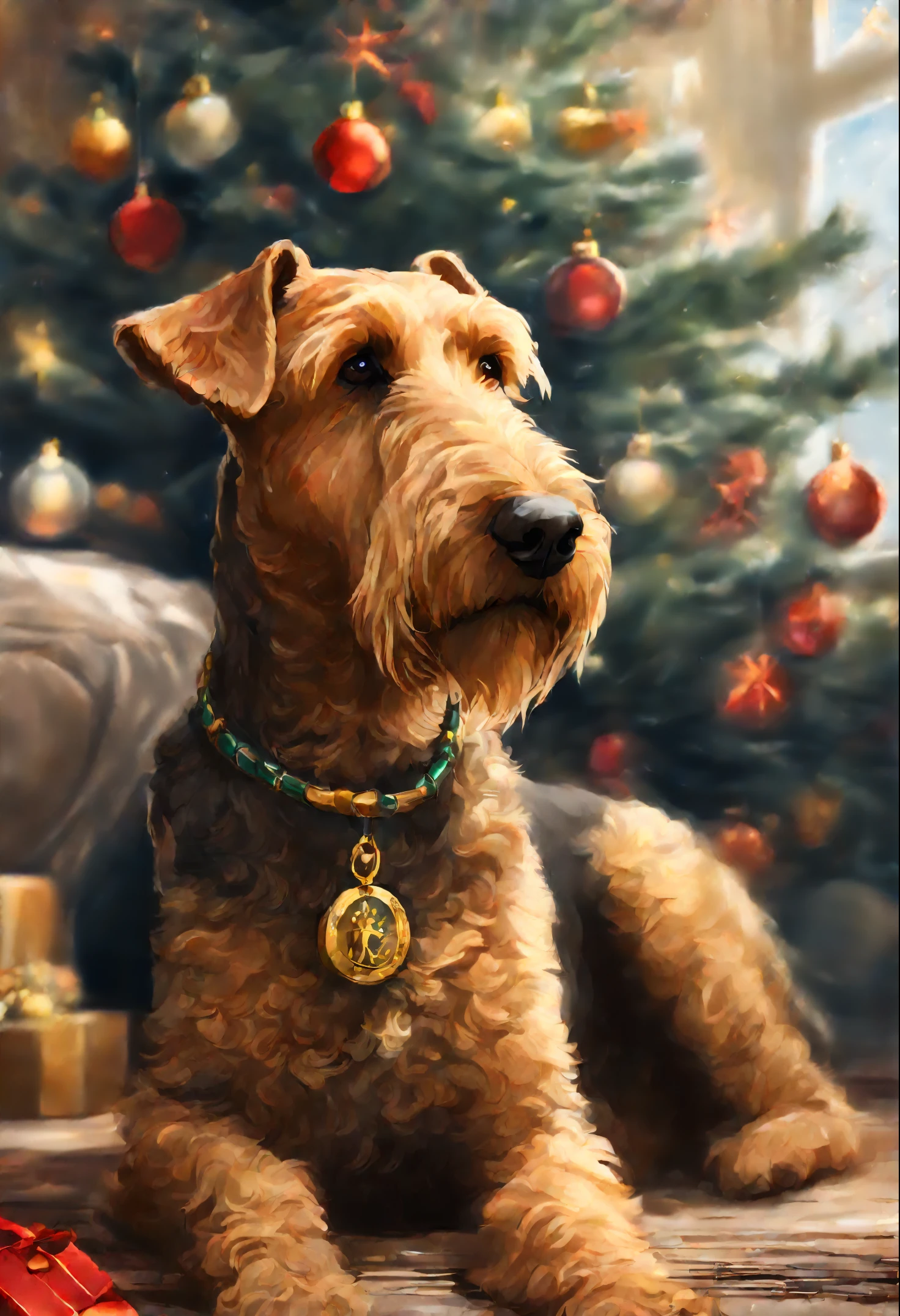 image of an Airedale terrier dog, sitting near the Christmas tree smelling a dragon, digital painting highly detailed, very detailed close-up portrait, Portrait of a large Airedale terrier dog, Highly detailed portrait, Painted portrait of the stern Zeus, Detailed portrait, Highly detailed photo portrait, painted portrait of rugged odin, highly-detailed illustration, Matte illustration, Portrait of the stern Zeus, high quality portrait, drawn using Photoshop