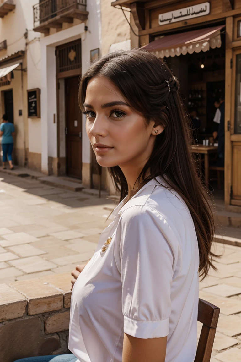 Instagram-Models posieren in Fes, in modern clothes, sitting in a fes outside cafe, full entire body, beautiful detailed eyes, beautifully detailed lips, extremely detailed eyes and face, kurzes, welliges rosa Haar ((best qulaity)), ((Meisterwerk)), (detailliert), perfektes Gesicht, full entire body, looks at the side