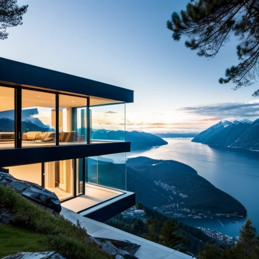 Modern villa on cliff built into the mountain, overlooking hardangerfjorden. James bond villain. Inside mountain. HD. Luxerious, expensive, pool, large futuristic residence, luxury architecture, ultra modern, sleek utopian design, modern architecture design, stunning high tech
