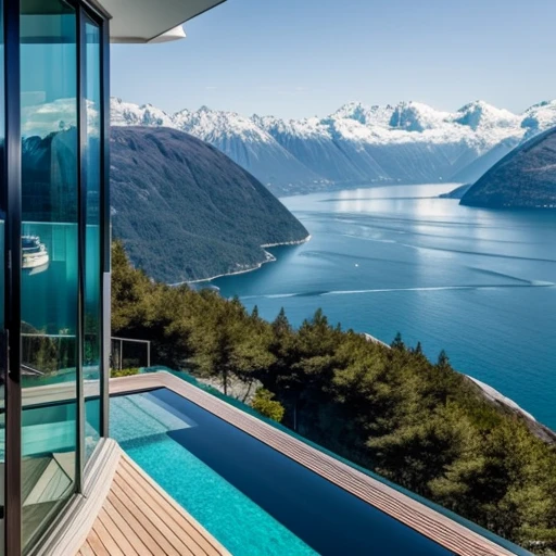 Modern villa on cliff built into the mountain, overlooking hardangerfjorden. James bond villain. Inside mountain. HD. Luxerious, expensive, pool, large futuristic residence, luxury architecture, ultra modern, sleek utopian design, modern architecture design, stunning high tech