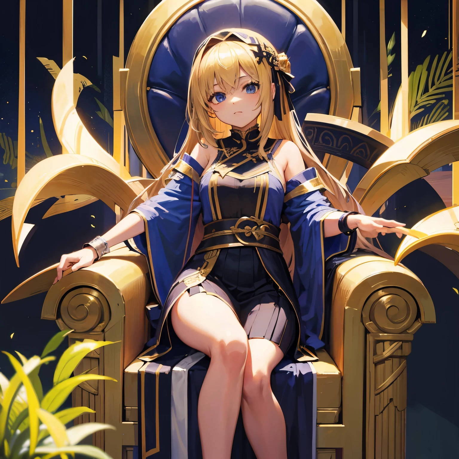 blade landscape　sitting in a throne　Greek-style clothing　7、A blonde girl around 8 years old