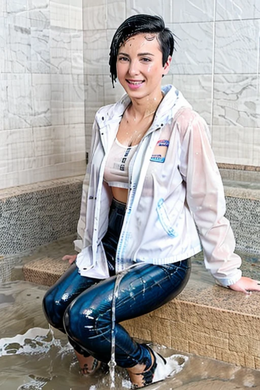 emyliaargan, woman, short black hair, white jacket, smile, jeans, high heels, full body, sitting,, intricate details, hyperdetailed, cinematic, realistic, masterpiece, soaking wet, SoakingWetClothes, wet clothing:1.4