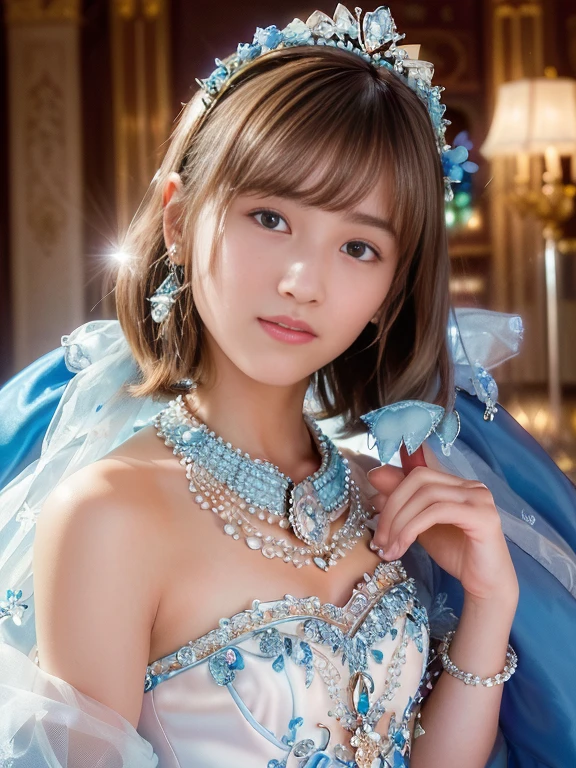 masterpiece, an extremely delicate and beautiful, extremely detailed, CG, unity , 2k wallpaper, Amazing, finely detail, light smile, extremely detailed CG unity 8k wallpaper, highres, absurdres, soft light, (((medium hair:1.3), Japanese girl, perfect style, ((smile)), light brown hair, blowing in the wind, brown eyes, luxury diamond necklace, wearing a mane with blue flowers, jewelry, diamond, blue jeweled pearl head, Transparent whitedress embellished with diamonds, seethrough, aeolian, short facing the viewer, looking at viewer, ((in royal palace)), royal, divine, princess, goddess, godlike, dreamlike, left hand to mouth, diamond ring,
