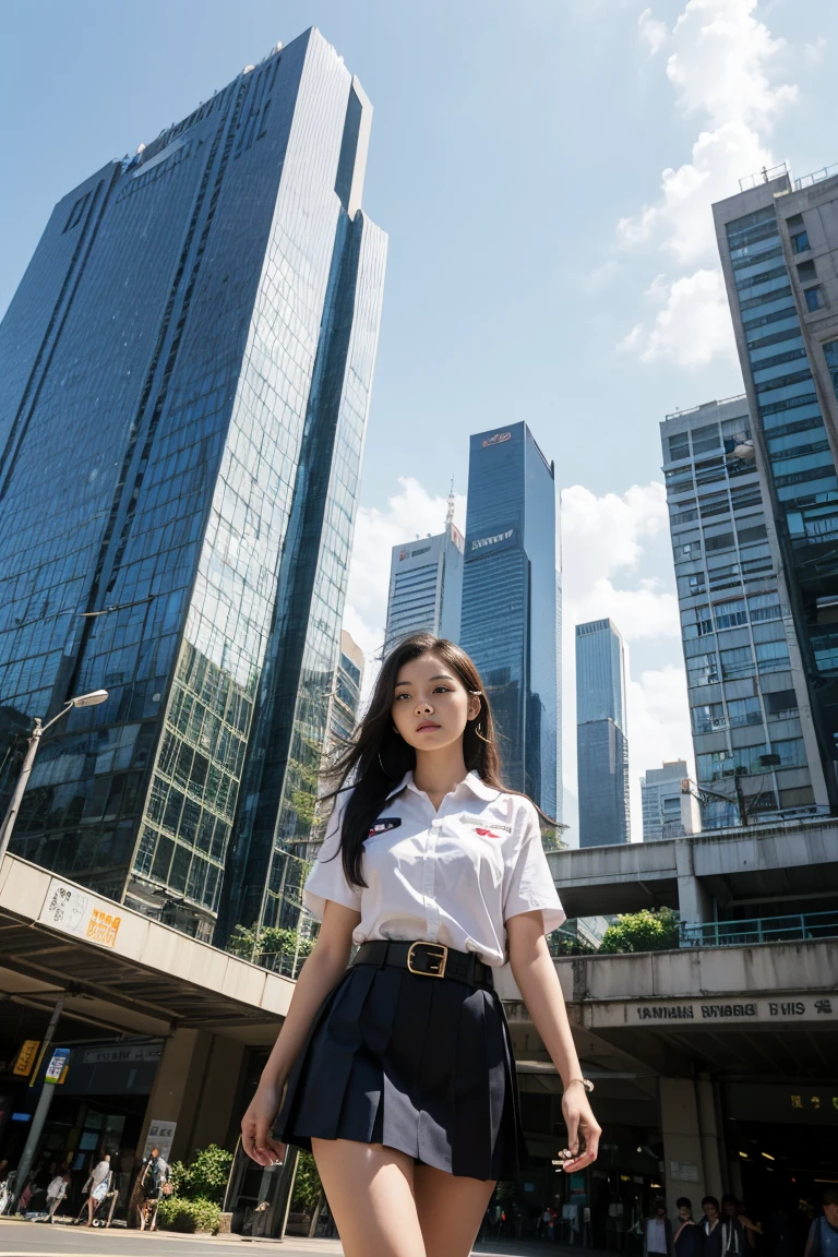 Realistic, Full body, a Towering Giantess in ((Thailand University Uniform)), white shirt, short sleeves, black color pleated skirt, brown belt, small breasts, looking at viewers, she lean and slender body. She seems to be casually strolling through the bustling cityscape of Bangkok City, Hand leaning on building, as towering buildings loom head level, clouds roil around her, skytrain, add to the sense of epic scale and drama, People around her They all panicked and take a photo, The lighting is dark and realistic, creating a tense atmosphere. The perspective is from below, emphasizing the sheer majesty and power of the a Towering Giantess.