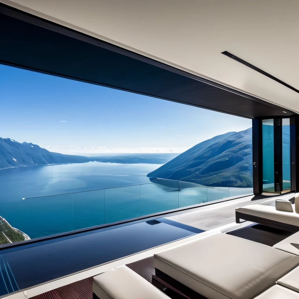 Modern villa on cliff built into the mountain, overlooking hardangerfjorden. James bond villain. Inside mountain. HD. Luxerious, expensive, pool, large futuristic residence, luxury architecture, ultra modern, sleek utopian design, modern architecture design, stunning high tech