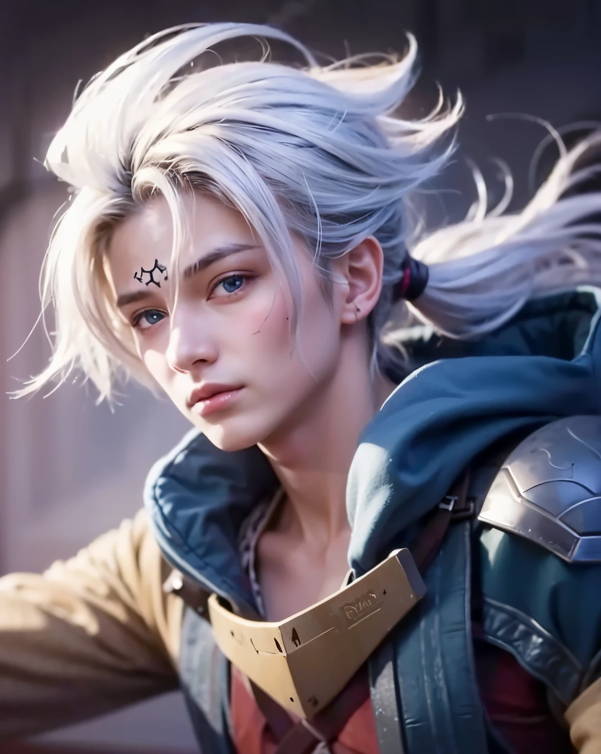 a boy with long hair tied up and a face with an x-shaped scar in front of his blue eyes