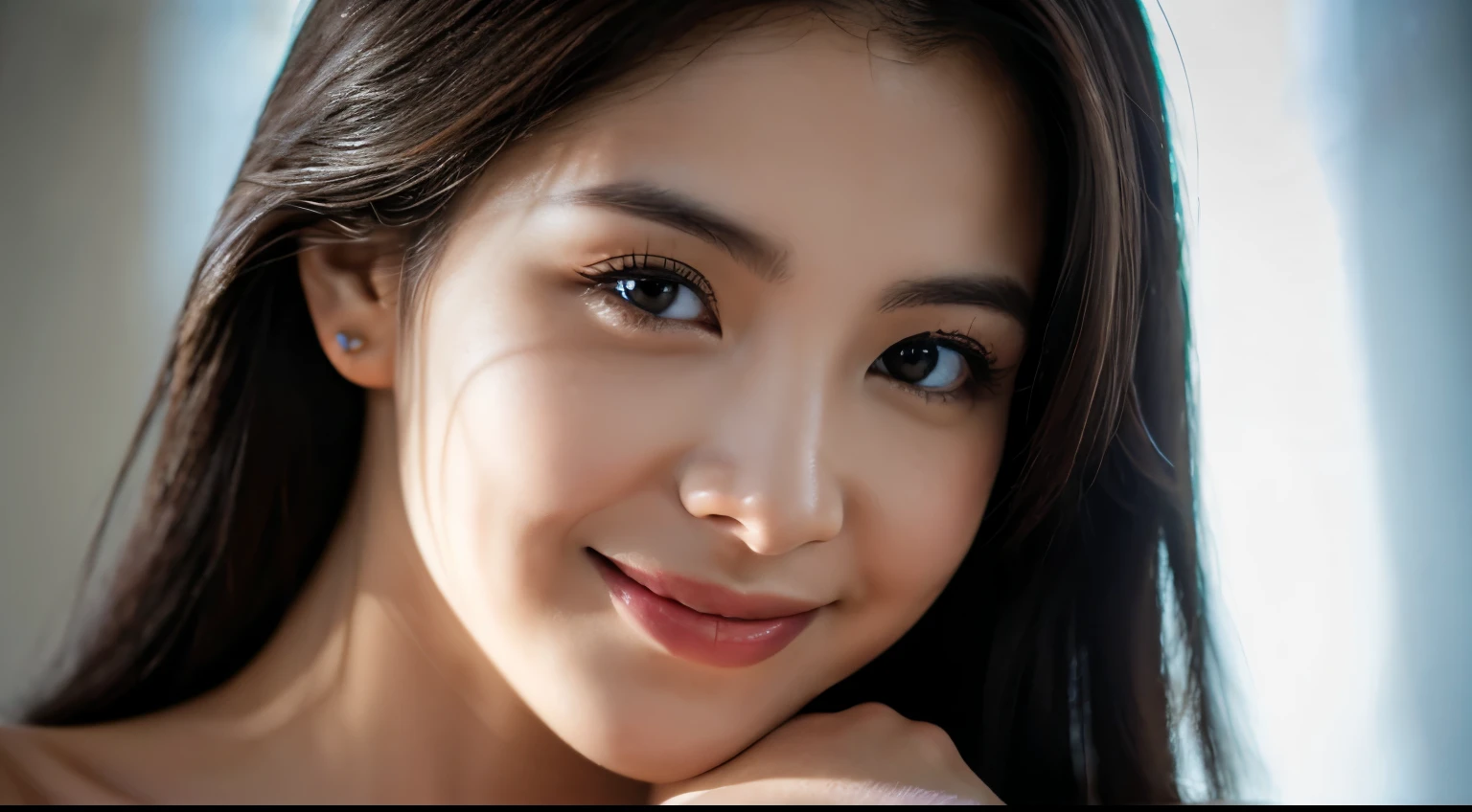 highest quality, epic realistic, ((portrait:1.5)),(background: white) high contrast ,glorious picture, lowest lux, lighting face, she's comfortable, wearing nothing, looks incredible, (8k, Raw photo, Highest quality),(epic realistic:1.5), a woman, face,(detailed eyes:0.8),(looking at the camera:1.4), (Highest quality), ( high contrast, deep shadows),Intricate details,cinematic,((skin:1.4)), (long dark hair:1.3), long hair, messy ,(Hdr:1.5),Detailed, colors, Superior quality, Masterpiece, Raw Photo (20-year-old, looking at viewer), beautiful, (wearing nothing), perfect, natural, perfect composition, portrait, perfect face, smiling expression, Captivating eyes, Bright details, Tight lips, (High Skin Detail),, (blue tint: 0.6), (sale: 0.8), (bloody: 0.7), Key lighting , (backlight: 0.5), Medium depth of field, Canon 5d, 50mm lens, f/4 apertures, (Ultra-detailed, Complex detail), sharp focus, soft colors, 8k, Absurd, 80mm, white background, photography, smiling, pinay, filipina, large boobs, white background, wearing nothing, nudist