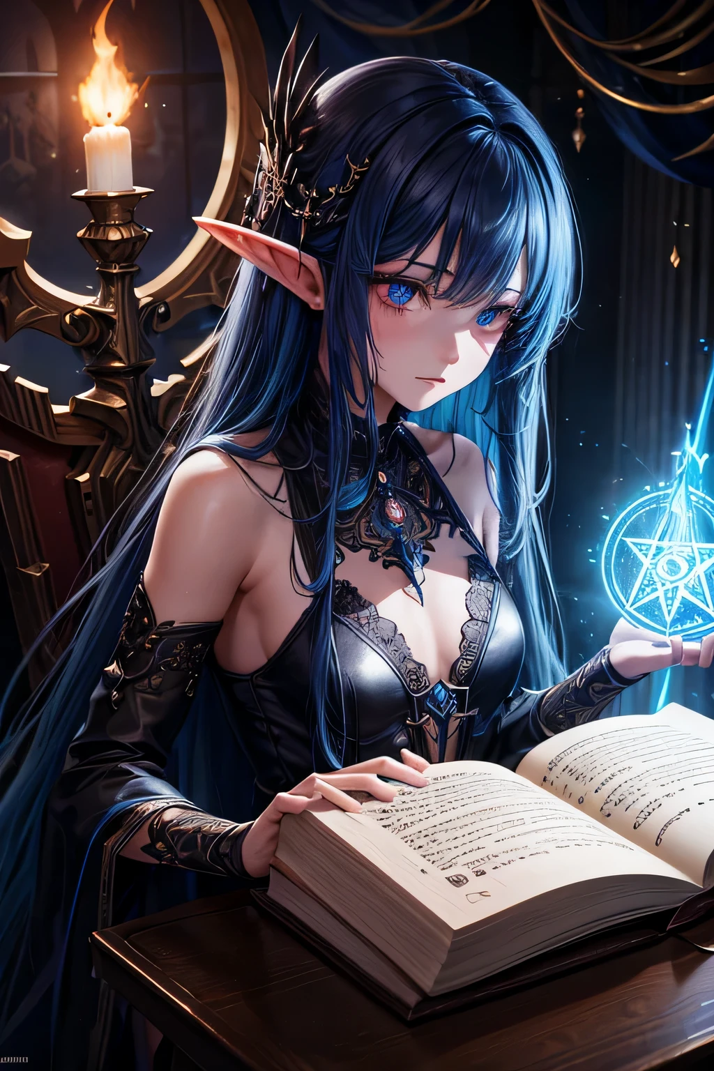 death,blood,night, dark, (Fantasy),Infinite,deep blue sky,The abyss of knowledge,knowledge,((masterpiece)), (((best quality))),((beautiful detailed eyes)),(eyelash),Monster,(1 girl),blue hair,long hair,abyss eyes,Shiny skin,oil,small breast,(bird body,feather),Wearing Rags of cloth, Tzeentch,elf,extremely detailed CG unity ,colorful,wallpaper,energy,Unknown terror,arcane,Around the magic,magic surrounds,magic rod,book,pages flying all over the sky,Know it all,Predicting the Future,Know the past,Infinite wisdom,blue flame,Warlock,Magical Circle,Pentagram,incantation,mantra,highly detailed, vibrant appearance, creative behavior, extremly detailed, imaginative, , spontaneous, highest quality, skin texture, intricate details, (cinematic lighting), RAW photo, 8k, masterpiece,best quality,ultra-detailed,very detailed illustrations,extremely detailed,intricate details,highres,super complex details,extremely detailed 8k cg wallpaper,