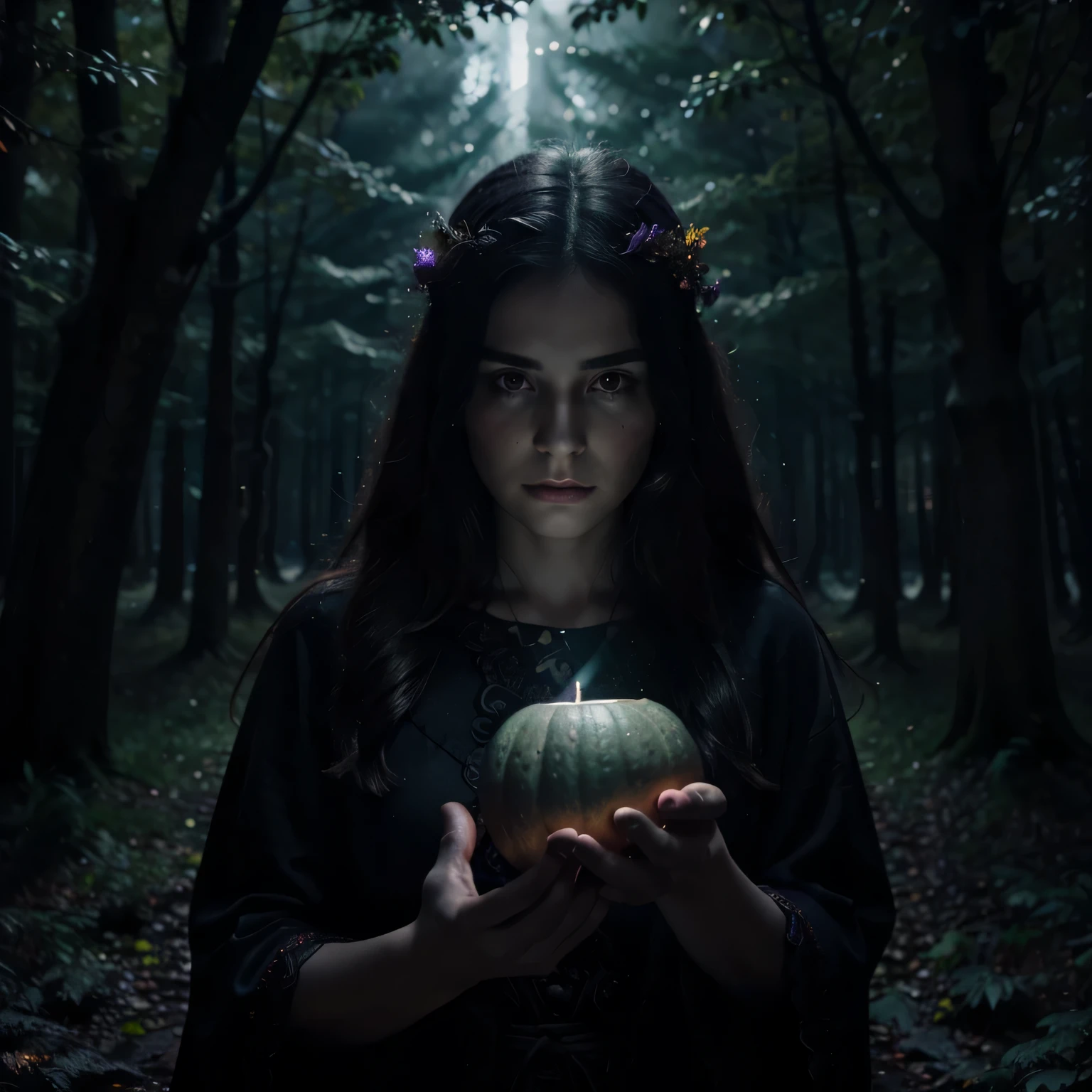 "(best quality, higher, ultra-detailed), The goddess casting mystical glowing spells in a haunted forest, orange and purple hues, portraits, vivid colors, extreme detail description, sharp focus, physically-based rendering, studio lighting, horror, witch, magical, eerie atmosphere, swirling fog, ethereal glow, ancient trees, twisted branches, glowing pumpkins, moonlit sky, mysterious shadows, spellbinding, enchanting, hauntingly beautiful"