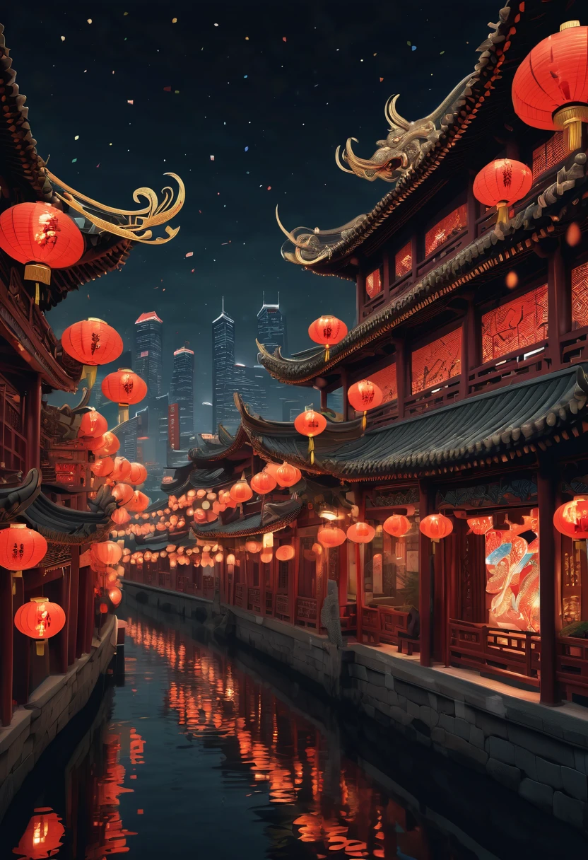 (best quality,4k,8k,highres,masterpiece:1.2),ultra-detailed,(realistic,photorealistic,photo-realistic:1.37),portraits,landscape,horror,anime,sci-fi,photography,concept artists,HDR,UHD,studio lighting,ultra-fine painting,sharp focus,physically-based rendering,extreme detail description,professional,vivid colors,bokeh,colorful lighting,nighttime,dynamic perspective,overhead angle,detailed architecture,reflection of lights on the water,glowing lanterns,Chinese New Year decorations,zentangle style,meticulous line work,black and white patterns,ornate detailing,intricate floral designs,bold ink strokes,geometric elements,stylized buildings,charmingly uneven patterns,zigzag lines,artistic patterns,celestial objects,mythical creatures,surreal atmosphere,festive ambiance,childish moderator style,eye-catching color palette,charmingly naive characters,playful and lively energy,youthful and vibrant,amazing wallpaper,spectacular fireworks,lively crowd,enchanting atmosphere,by
YFM!!,by Tupu,Chinese New Year festivities,Pekin city nightlife,lively streets,streets filled with lanterns and lights,Chinese architecture showcased,intricate rooftops and pagodas,illuminated skyline,futuristic elements blended with traditional aesthetics,night market bustling with activity,traditional dragons dancing in the streets,energy and excitement permeating the air