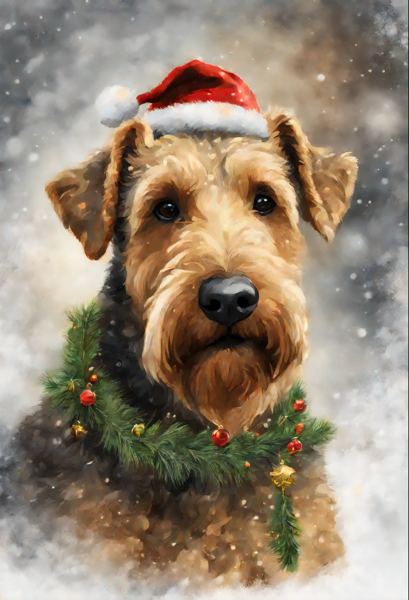 image of an Airedale terrier dog, sitting near the Christmas tree smelling a dragon, digital painting highly detailed, very detailed close-up portrait, Portrait of a large Airedale terrier dog, Highly detailed portrait, Painted portrait of the stern Zeus, Detailed portrait, Highly detailed photo portrait, painted portrait of rugged odin, highly-detailed illustration, Matte illustration, Portrait of the stern Zeus, high quality portrait, drawn using Photoshop