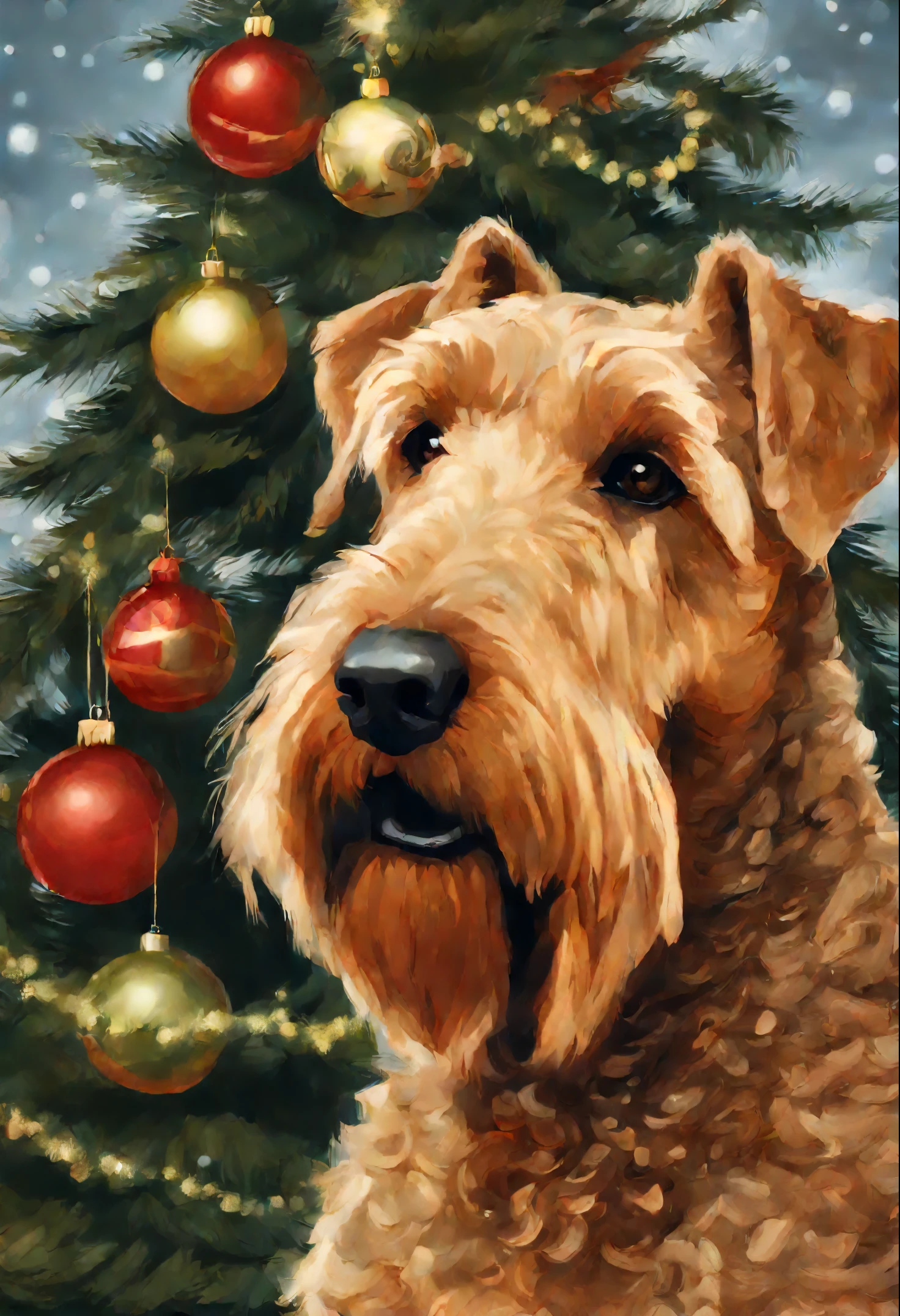 image of an Airedale terrier dog, sitting near the Christmas tree smelling a dragon, digital painting highly detailed, very detailed close-up portrait, Portrait of a large Airedale terrier dog, Highly detailed portrait, Painted portrait of the stern Zeus, Detailed portrait, Highly detailed photo portrait, painted portrait of rugged odin, highly-detailed illustration, Matte illustration, Portrait of the stern Zeus, high quality portrait, drawn using Photoshop