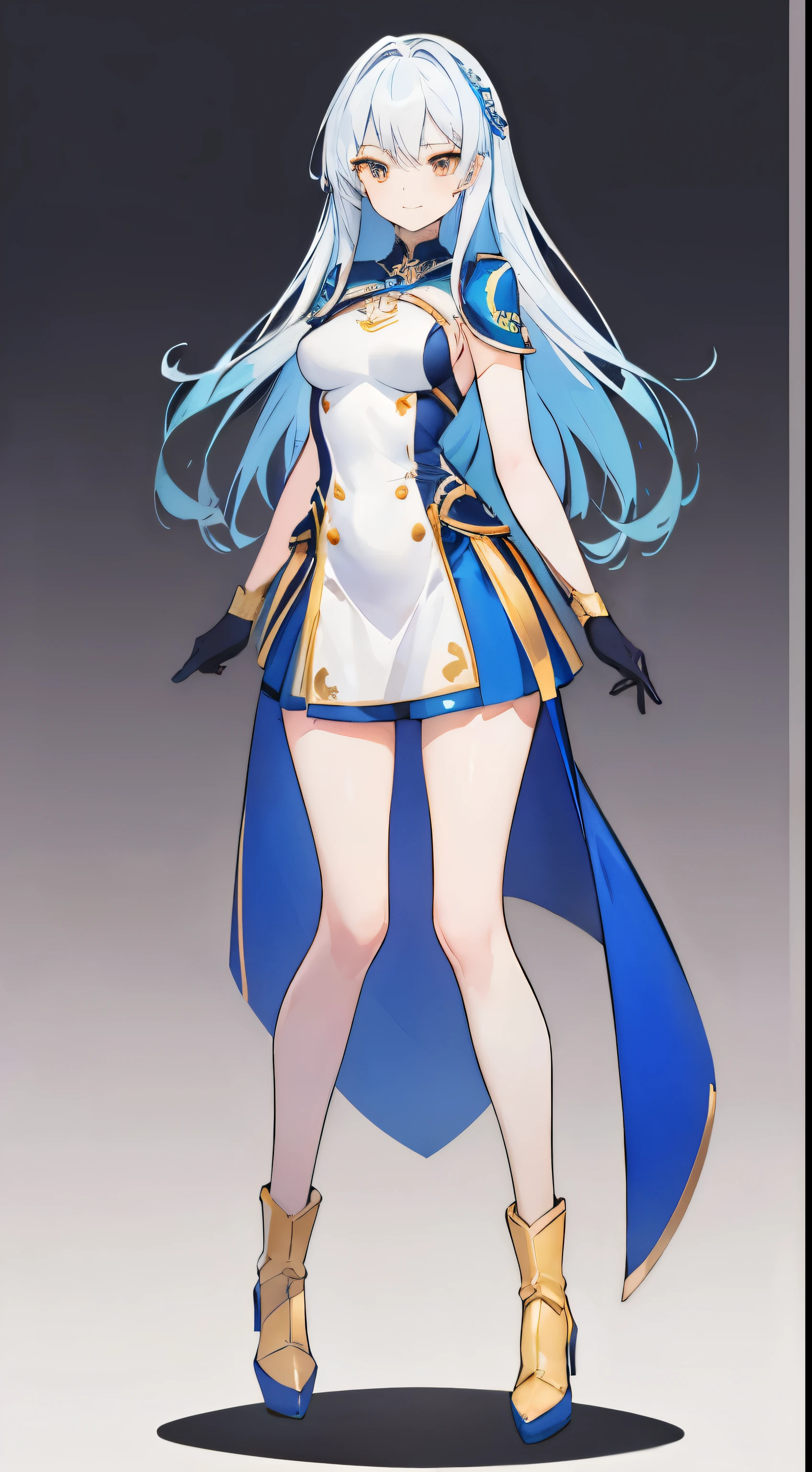 super precision,masterpiece, top-quality,(((Full body like))),One girl, Detailed eyes, (Looking at Viewer:1.2), (Beautiful face:1.2),a beauty girl,Very long hair,(Blue and white gradient hair),(((Golden Eyes))),Zito-order,A little smile,Cyberpunk clothing,Dignified attire,tights,Short boots,gloves,Slender figure,(Smaller breasts),Slimming legs,Short stature,sixteen years old,simple background,