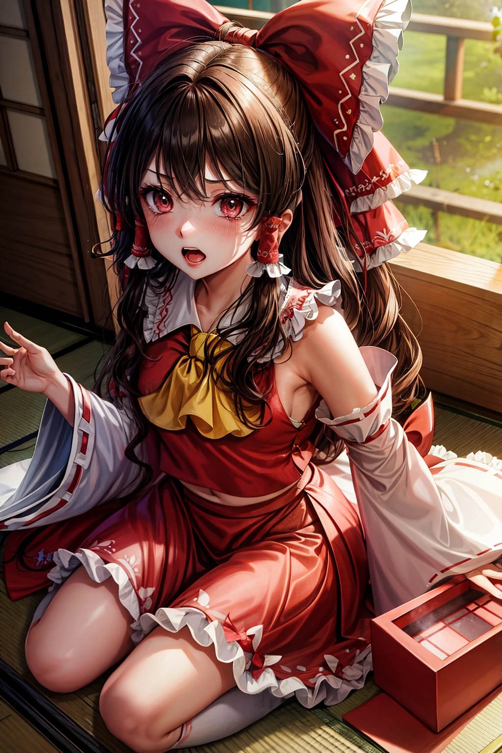 (masterpiece, top quality, best quality, beautiful and aesthetic:1.2), hakurei_reimu_touhou, bow, hair_bow, hair_tubes, red_bow, brown_hair, long_hair, bangs, sidelocks, ascot, pink_eyes, frilled_bow, yellow_ascot, blush, hair_between_eyes, full body, japanese architecture, surprised, :o, beam, laser, glaring body, open box, box, open mouth, jaw drop, wide-eyed, panicking, horrified, screaming, sobbing, traumatized, turn pale, wavy mouth, glowing, glow, outer glow