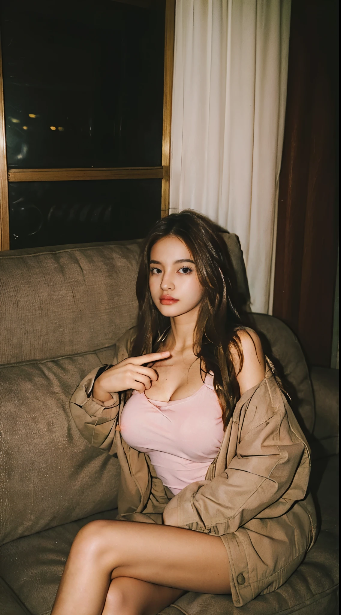 1girl,sitting on a cozy couch,crossing legs,soft light, the most beautifull girl in the entire universe , (long hair), ((big breast: 1.4)) , wearing jacket, middle finger