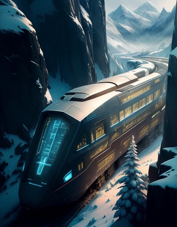 futuristic train in a snowy mountain landscape with a mountain in the background, by Aleksander Gine, bastien grivet, inspired by Stéphane Martiniere, ConceptArt: Futuristic Norwegian, ConceptArt Mass Effect, based on Stéphane Martiniere, highly realistic concept art, Ultra Detailed Concept Art, mystical sci-fi concept art, industrial futuristic mine