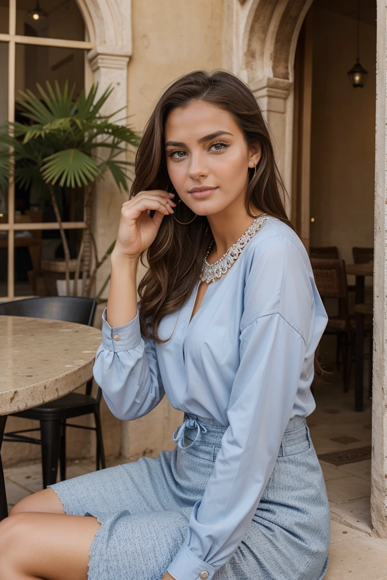 young brunette woman, brown eyes. long brown hair. Long v-neck T-shirt made of blue cotton and long black jeansNecklace, transparent lip gloss, narrow building, Pretty, 2, Full body photo, long legs, Satin top, Lying on the couch in the living room. Playing with the shirt, Presenting legs, is enthusiastic, Beautiful sporty shoes,