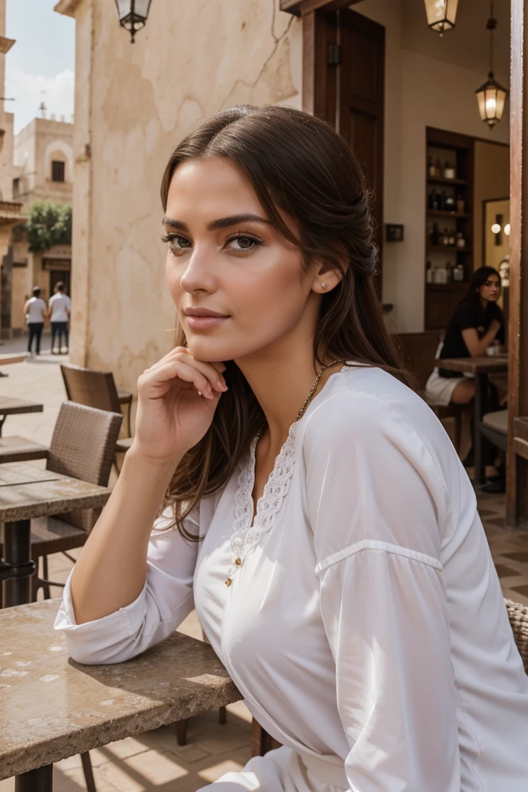 Instagram-Models posieren in Fes, in modern clothes, sitting in a outside cafe in fes, full entire body, beautiful detailed eyes, beautifully detailed lips, extremely detailed eyes and face, kurzes, welliges rosa Haar ((best qulaity)), ((Meisterwerk)), (detailliert), perfektes Gesicht, full entire body, looks at the side