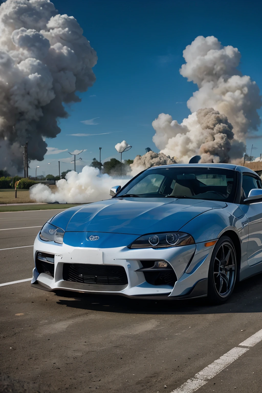 A Toyota Supra with attractive colors and white smoke, a legend, attractive