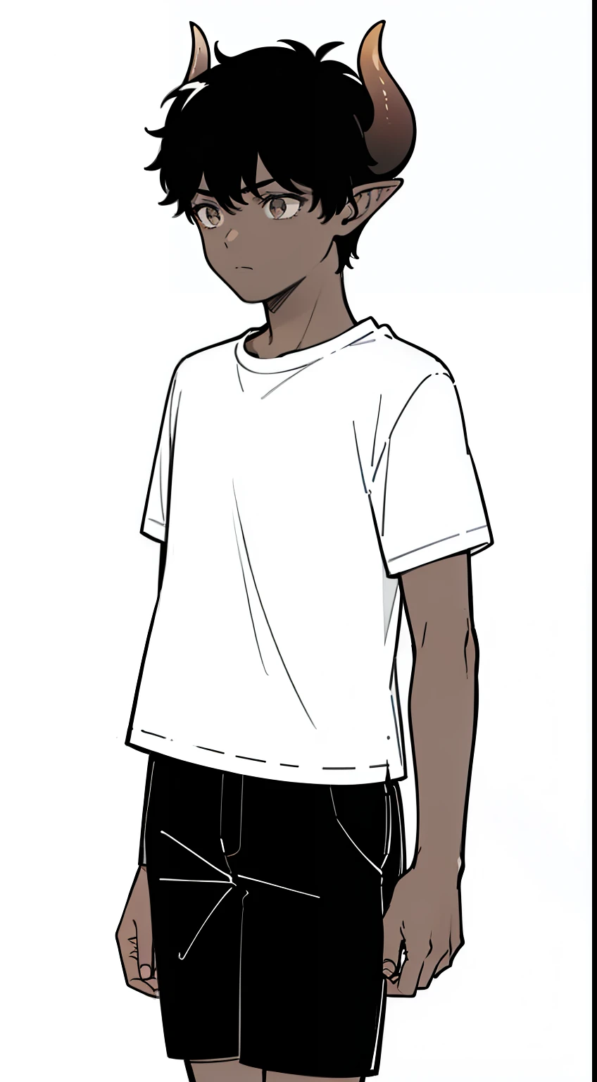 1boy,10 years,solo,sad,((dark skin)),((white shirt,short sleeves,black shorts)),Short hair,black hair,elf ears,(horns),(white background,line drawing),cowboy shot,from side,walking