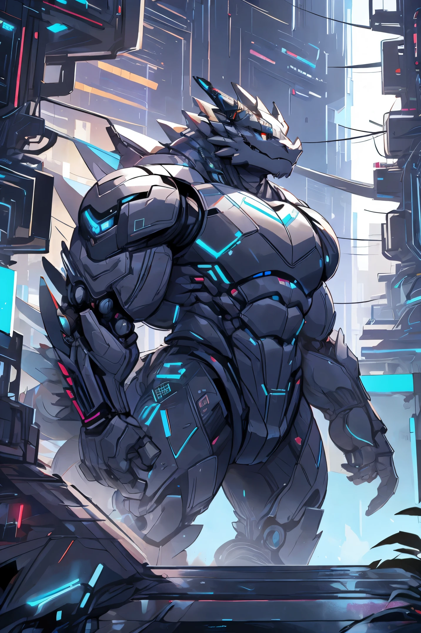 male, Muscular, 강한 Muscular, Synthesizer (Mr. Vader), The robot, Silver Dragon, Robo Dragon, Cyber Cities, futuristic city, common size