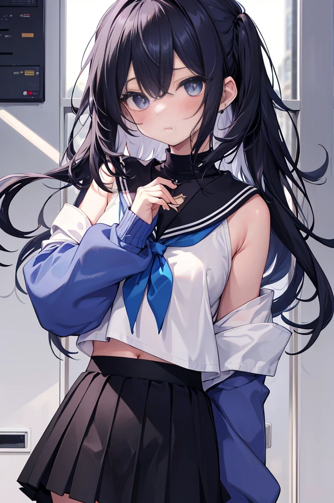 best quality, ultra precision, 1girl, cute, , young, boyish, childish, black hair, messy hair, blue A little long hair eyes, beautiful eyes, girl, ecstasy, sailor collar, estrus, metestrus, start to undress, naughty mood, she loves you, lost virgin, virgin, blush, sexy, beautiful skin, big bow on chest, BLUE SWEATER, WHITE SHIRT, SHIRT UNDER SWEATER, OFF SHOULDER TOP) TSUNDERE 18 YEARS old, Short black skirt, up Hands