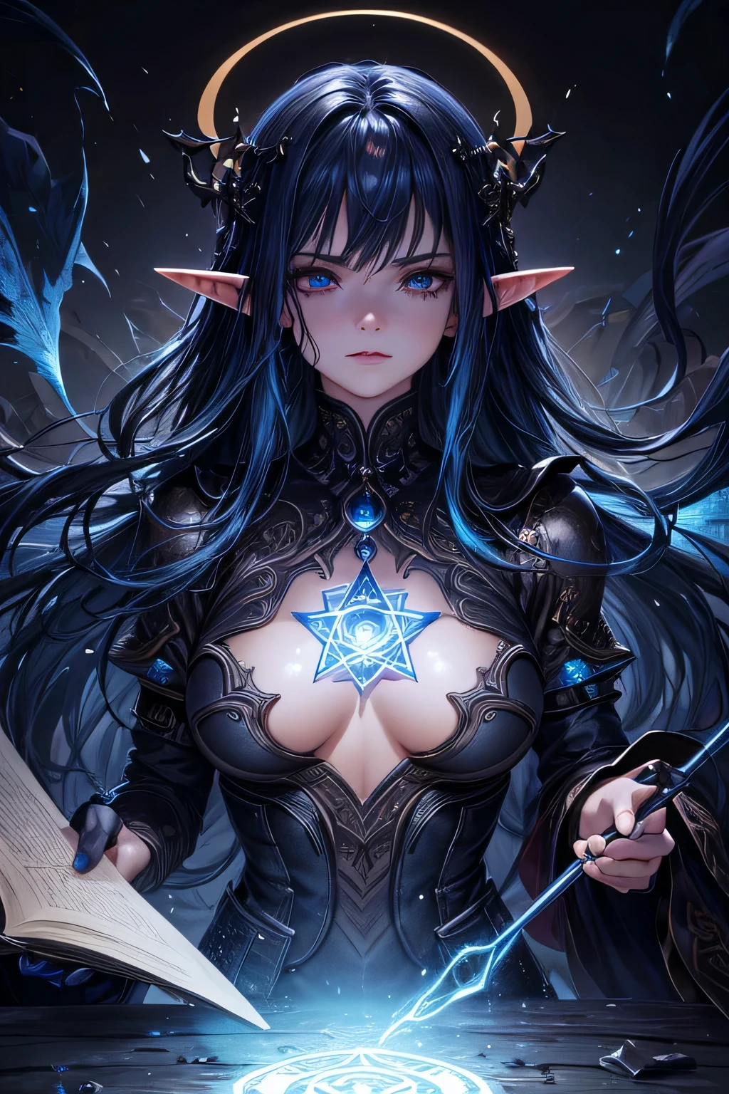 death,blood,night, dark, (Fantasy),Infinite,deep blue sky,The abyss of knowledge,knowledge,((masterpiece)), (((best quality))),((beautiful detailed eyes)),(eyelash),Monster,(1 girl),blue hair,long hair,abyss eyes,Shiny skin,oil,small breast,(bird body,feather),Wearing Rags of cloth, Tzeentch,elf,extremely detailed CG unity ,colorful,wallpaper,energy,Unknown terror,arcane,Around the magic,magic surrounds,magic rod,book,pages flying all over the sky,Know it all,Predicting the Future,Know the past,Infinite wisdom,blue flame,Warlock,Magical Circle,Pentagram,incantation,mantra,highly detailed, vibrant appearance, creative behavior, extremly detailed, imaginative, , spontaneous, highest quality, skin texture, intricate details, (cinematic lighting), RAW photo, 8k, masterpiece,best quality,ultra-detailed,very detailed illustrations,extremely detailed,intricate details,highres,super complex details,extremely detailed 8k cg wallpaper,