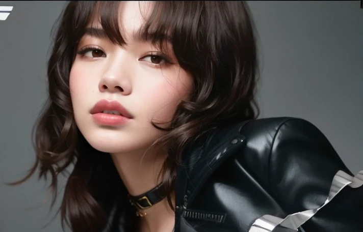 um close de uma mulher com uma jaqueta preta e uma jaqueta preta, cynthwave, song hye - kyo, Retrato Sophie Mudd, inspirado em Tadashi Nakayama, glossy magazine Photo Session, Kiko Mizuhara, jennie blackpink, Directed by: Emma Andijewska, Photo Session, com franja, Hailee Steinfeld, Directed by: Gavin Hamilton, Anna Nikonova aka Newmilky