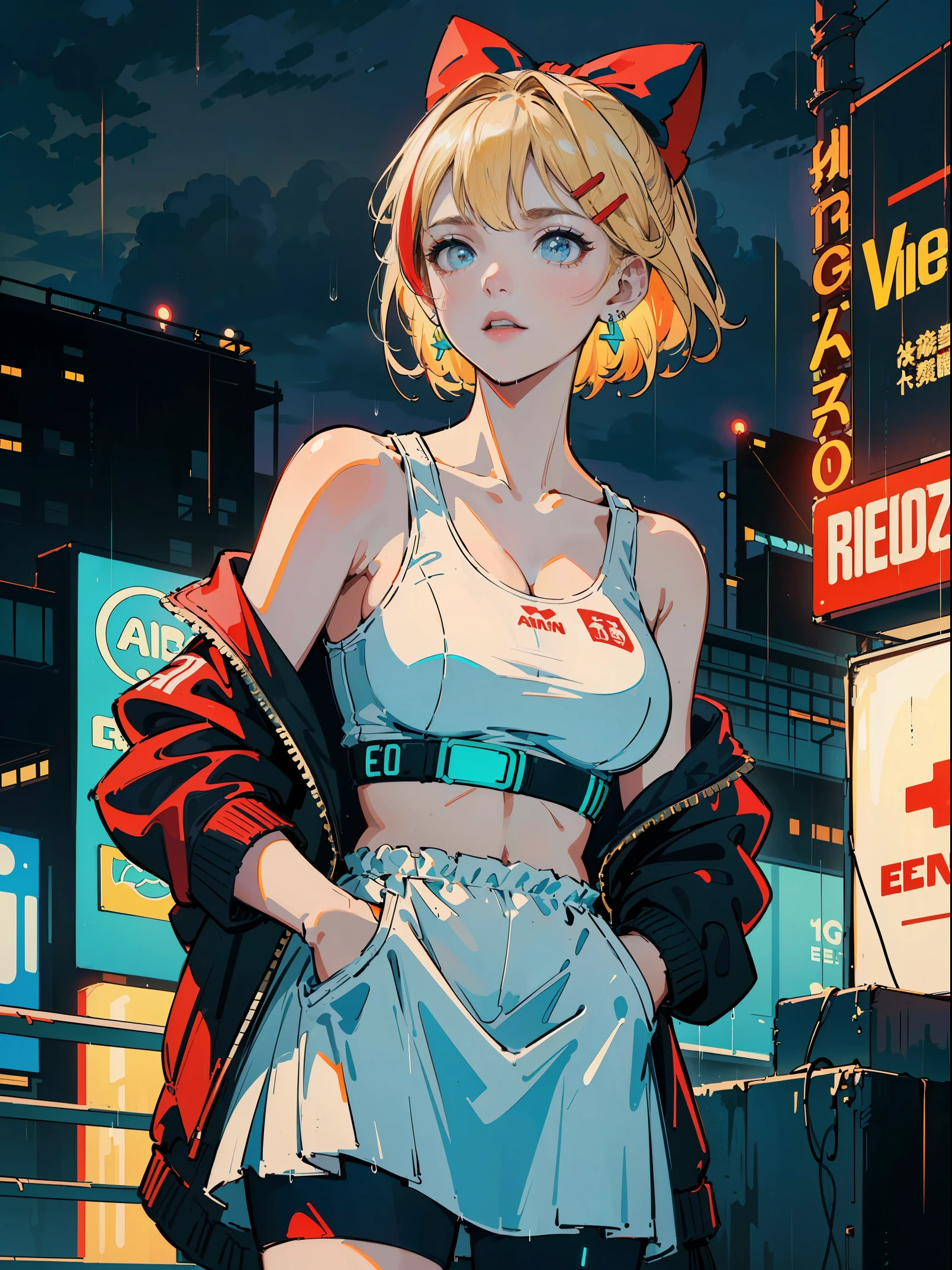 ((((sports bra,animal hood,))))((hands in pockets,))(Masterpiece illustration,Beautiful and aesthetic:1.2,aim to viewerest quality,Top quality, Epic quality,((((rainy night in a cyberpunk city with glowing neon lights,outdoor,))))(moonlight,moon glare, god light,at night,upper upper shot,focus on face,))Neat face,,mature,Beautiful detailed hair,blonde hair,hyper HD, retinas, Textured skin, A high resolution, 16k ,((hairclip,steep bangs,sidelocks,short hair,Large bow on hair)),Detailed face, 1JK, lady,Solo, Perfect face, Very amazing girl,((off shoulder,puffs sleeves,red streaked white trace shirt,frills,lolita dress,metal earrings,spiral earrings)),rim-light