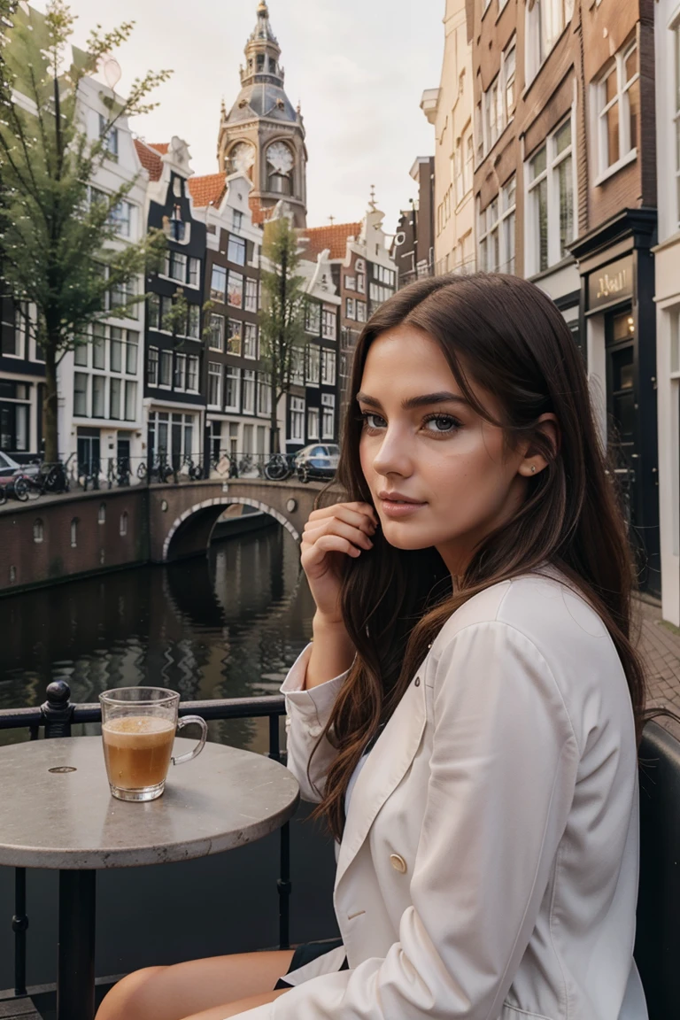 Instagram-Models posieren in Amsterdam, in modern clothes, sitting in a outside cafe in Amsterdam, full entire body, beautiful detailed eyes, beautifully detailed lips, extremely detailed eyes and face, kurzes, welliges rosa Haar ((best qulaity)), ((Meisterwerk)), (detailliert), perfektes Gesicht, full entire body, looks at the side
