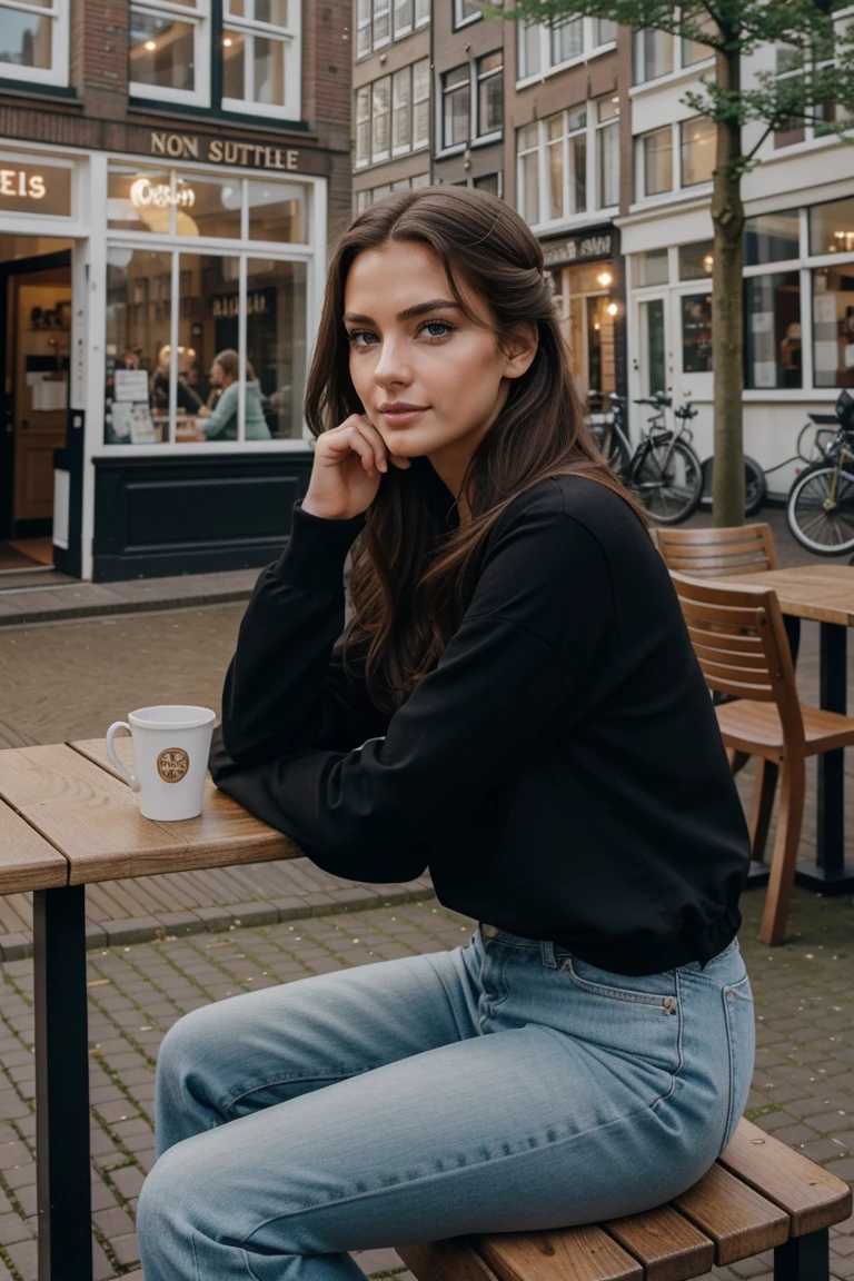 Instagram-Models posieren in Amsterdam, in modern clothes, sitting in a outside cafe in Amsterdam, full entire body, beautiful detailed eyes, beautifully detailed lips, extremely detailed eyes and face, kurzes, welliges rosa Haar ((best qulaity)), ((Meisterwerk)), (detailliert), perfektes Gesicht, full entire body, looks at the side