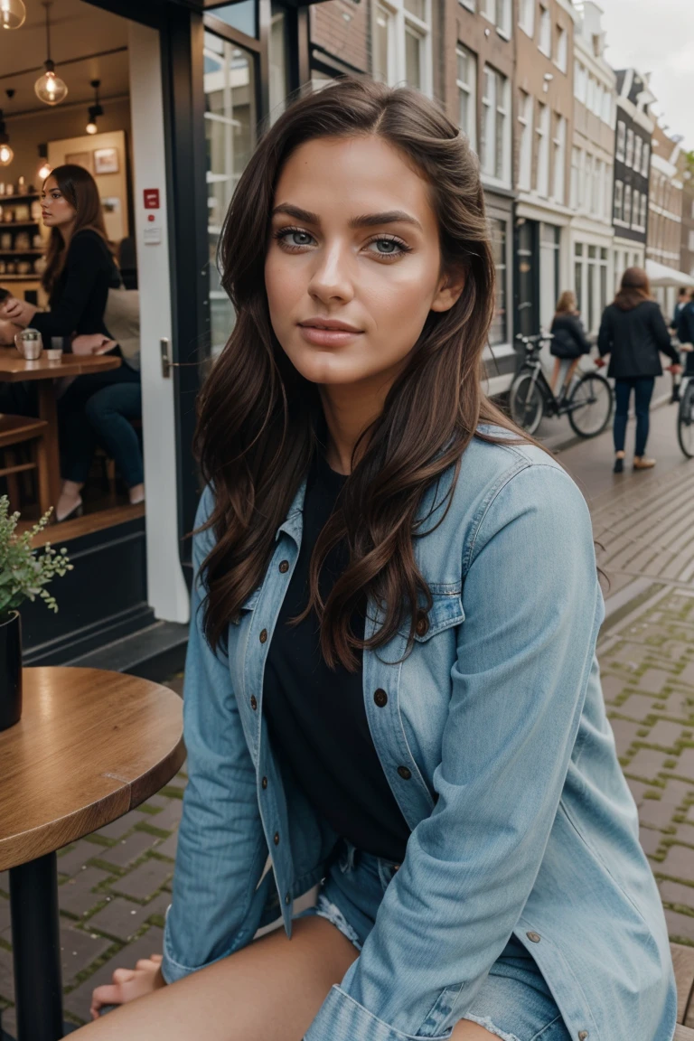 Instagram-Models posieren in Amsterdam, in modern clothes, sitting in a outside cafe in Amsterdam, full entire body, beautiful detailed eyes, beautifully detailed lips, extremely detailed eyes and face, kurzes, welliges rosa Haar ((best qulaity)), ((Meisterwerk)), (detailliert), perfektes Gesicht, full entire body, looks at the side