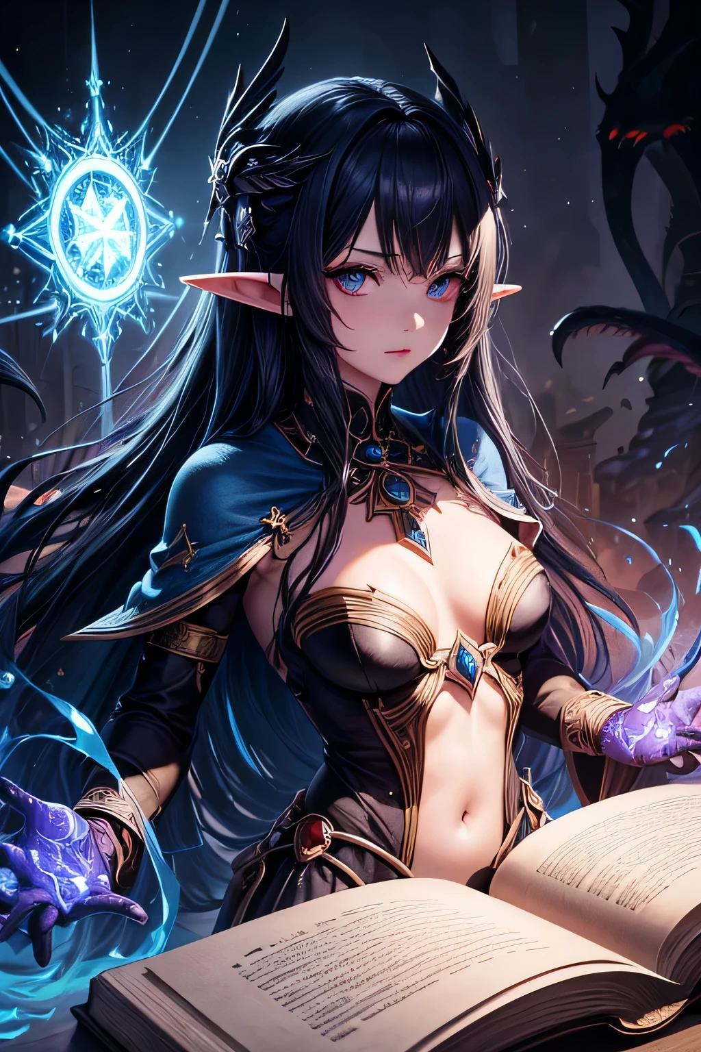 death,blood,night, dark, (Fantasy),Infinite,deep blue sky,The abyss of knowledge,knowledge,((masterpiece)), (((best quality))),((beautiful detailed eyes)),(eyelash),Monster,(1 girl),blue hair,long hair,abyss eyes,Shiny skin,oil,small breast,(bird body,feather),Wearing Rags of cloth, Tzeentch,elf,extremely detailed CG unity ,colorful,wallpaper,energy,Unknown terror,arcane,Around the magic,magic surrounds,magic rod,book,pages flying all over the sky,Know it all,Predicting the Future,Know the past,Infinite wisdom,blue flame,Warlock,Magical Circle,Pentagram,incantation,mantra,highly detailed, vibrant appearance, creative behavior, extremly detailed, imaginative, , spontaneous, highest quality, skin texture, intricate details, (cinematic lighting), RAW photo, 8k, masterpiece,best quality,ultra-detailed,very detailed illustrations,extremely detailed,intricate details,highres,super complex details,extremely detailed 8k cg wallpaper,