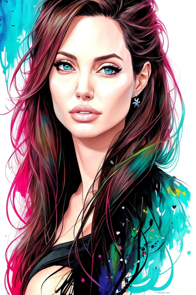 Angelina jolie, focused, key visual, Complexe, highly detailed, jaw dropping beauty, precise lineart, Vibrant and complete cinematics, Carne Griffiths, Conrad Roset, (Le plus beau portrait du monde: 1.5)