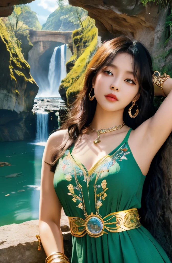 ((Realistic:1.5)),Ulzzang-6500:1.4,((Best quality)), ((Masterpiece)),((Detailed)),2girls,duo,{2 beautiful women}, (Upper body:1.3),Hug and touch each other, Tease your friend's waist, Breathless friends, Biting a friend's earlobe, crouched,super wide shot,Face focus, Long legs,Curvy, Barefoot,Wide hips, Thin legs, Oversized eyes,Long eyelashes, (Detailed face,beautidful eyes, detailedpupils,detailed clothes features, Clear background:1.3), (armlets, bangle:1.3), Mysterious ancient ruins, floresta exuberante, Deep canyon,bridge,River,cliff,Cloud,lakes,Rock music,Waterfalls, Flowers, Grass,grape trees,tree,bright detail,Sharp,Perfect compounding, Intricate, Sharp focus, Dramatic, no clothes