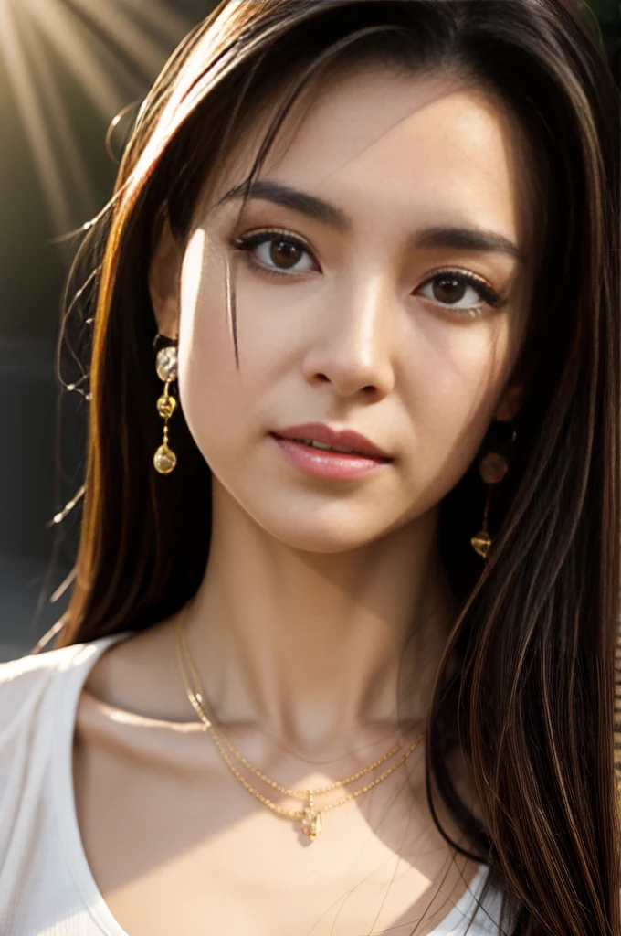(Photoreal Stick:1.5, masutepiece:1.5, 8K), (top-quality, masterpiece, 超A high resolution), ((fog the lens:1.5)), (reflect light onto the lens:1.5)), ((Shoot with blur:1.5)), (The woman looks hazy because of the bright light.:1.5, The whole thing looks white and hazy:1.5), (sunrises, Sunlight coming in from behind:1.5, The sunlight of the morning sun spreads across the screen:1.5), (Face Sharp Focus:1.4), Professional camera work:1.3, Highly detailed skin and facial texture:1.3, Grow Light Effect, The ultra-detailliert:1.3, 1girl in, Fair skin, (Sense of clarity:1.5), a small face, Extremely beautiful face:1.4, (Sense of clarityを感じる目:0.9, looking distantly, Enraptured look:1.0, i love you completely:0.8, Slightly open mouth:0.4, Sense of clarityを感じる口当たり:0.7), 二重まぶた, Dark brown medium hair, necklace and earrings, looking at viewert