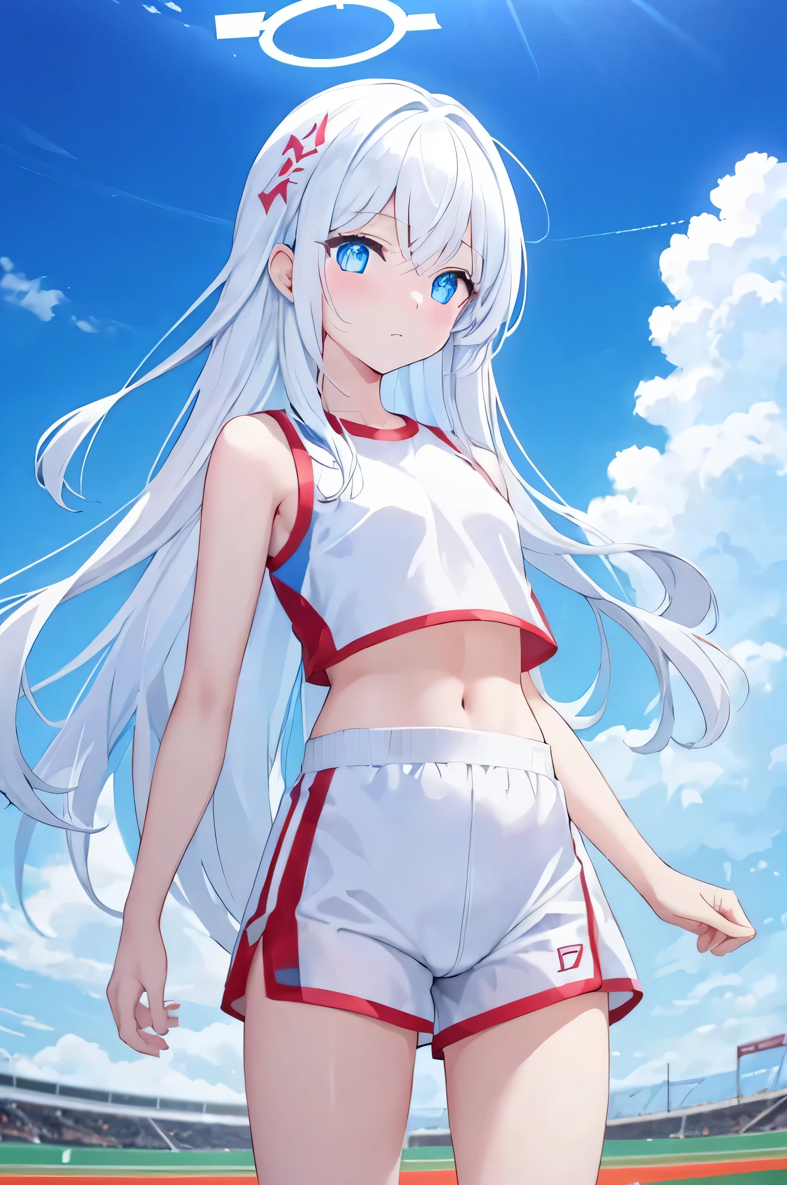 white long straight hair，Hair has turned white，White hair，blue colored eyes，to emphasize，The eyes glow blue light，Women's hands，greenhorn，There is a blue halo directly above the head，Halo glows blue，Halos are polyhedral shapes，There are red patterns on the clothes，The patterns on the clothes are all red