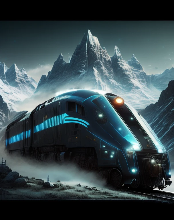 Close-up of a train on the track near the mountain, sci-fi digital art, matte painting of steam machines, big train in space, sci fi epic digital art, ConceptArt: Futuristic Norwegian, sci fi digital painting, sci fi digital painting, mystical sci-fi concept art, Sci-fi fantasy wallpapers, Sci-fi works of art, bastien grivet