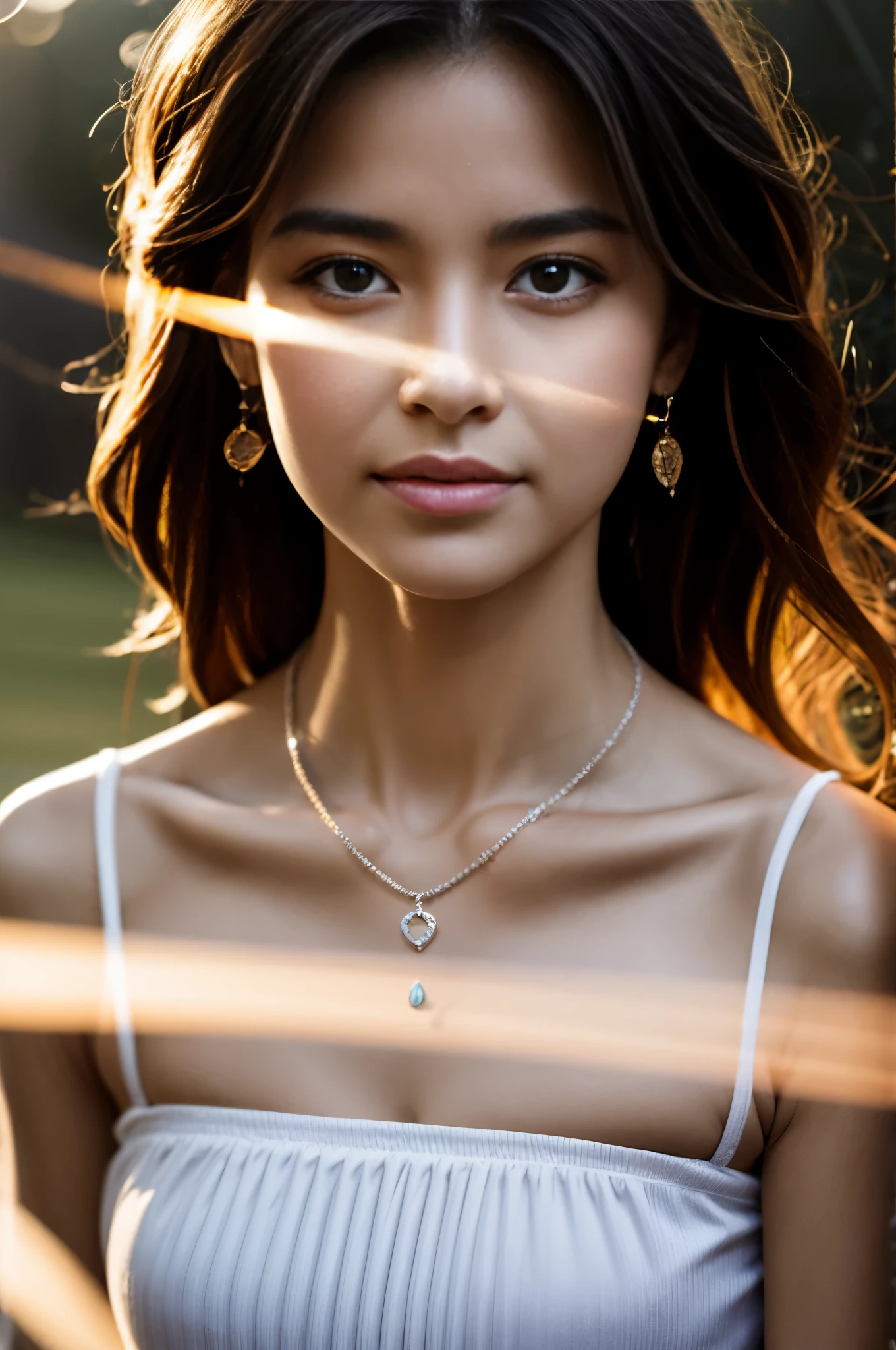 (Photoreal Stick:1.5, masutepiece:1.5, 8K), (top-quality, ​masterpiece, 超A high resolution), ((fog the lens:1.5)), (reflect light onto the lens:1.5)), ((Shoot with blur:1.5)), (The woman looks hazy because of the bright light.:1.5, The whole thing looks white and hazy:1.5), (sunrises, Sunlight coming in from behind:1.5, The sunlight of the morning sun spreads across the screen:1.5), (Face Sharp Focus:1.4), Professional camera work:1.3, Highly detailed skin and facial texture:1.3, Grow Light Effect, The ultra-detailliert:1.3, 1girl in, Fair skin, (Sense of clarity:1.5), a small face, Extremely beautiful face:1.4, (Sense of clarityを感じる目:0.9, looking distantly, Enraptured look:1.0, i love you completely:0.8, Slightly open mouth:0.4, Sense of clarityを感じる口当たり:0.7), 二重まぶた, Dark brown medium hair, necklace and earrings, looking at viewert