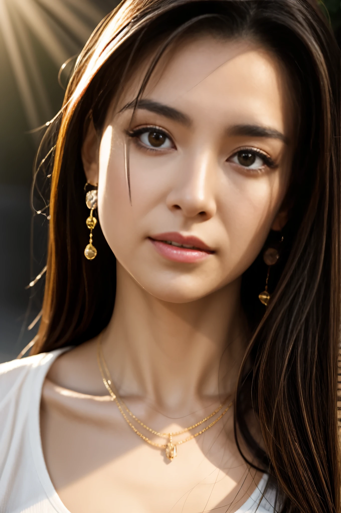 (Photoreal Stick:1.5, masutepiece:1.5, 8K), (top-quality, ​masterpiece, 超A high resolution), ((fog the lens:1.5)), (reflect light onto the lens:1.5)), ((Shoot with blur:1.5)), (The woman looks hazy because of the bright light.:1.5, The whole thing looks white and hazy:1.5), (sunrises, Sunlight coming in from behind:1.5, The sunlight of the morning sun spreads across the screen:1.5), (Face Sharp Focus:1.4), Professional camera work:1.3, Highly detailed skin and facial texture:1.3, Grow Light Effect, The ultra-detailliert:1.3, 1girl in, Fair skin, (Sense of clarity:1.5), a small face, Extremely beautiful face:1.4, (Sense of clarityを感じる目:0.9, looking distantly, Enraptured look:1.0, i love you completely:0.8, Slightly open mouth:0.4, Sense of clarityを感じる口当たり:0.7), 二重まぶた, Dark brown medium hair, necklace and earrings, looking at viewert