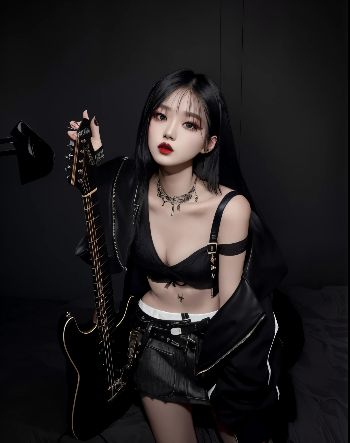 there is a woman that is holding a guitar in her hand, cruel korean goth girl, goth girl aesthetic, goth aesthetic, ulzzang, darkwave goth aesthetic, xision wu,  gloomy style, 1 7 - year - old goth girl, jinyoung shin, e - girl, e-girl, goth girl, goth vibe, gothic aesthetic